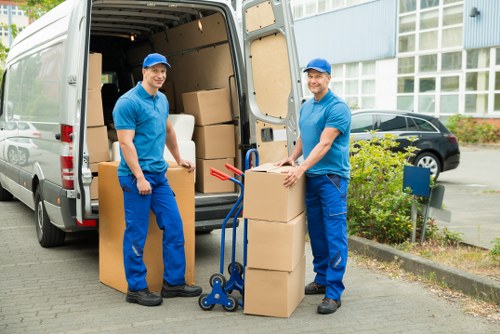 Moving truck parked at a residential area